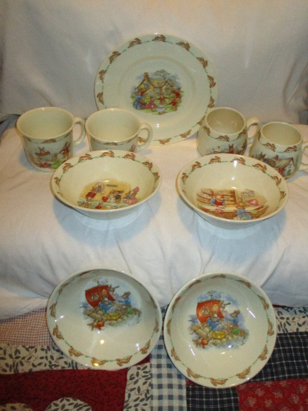 9 piece vintage Royal Daulton Bunnykins 4 cups 4 bowls 1 plate